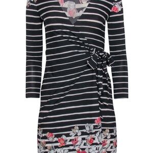 BCBG Max Azria - Black & Cream Stripe Dress W/ Floral Print
